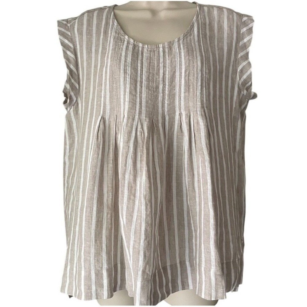 Lands' End 100% Linen Striped Blouse Ruffle Sleeve Pintuck Womens 10